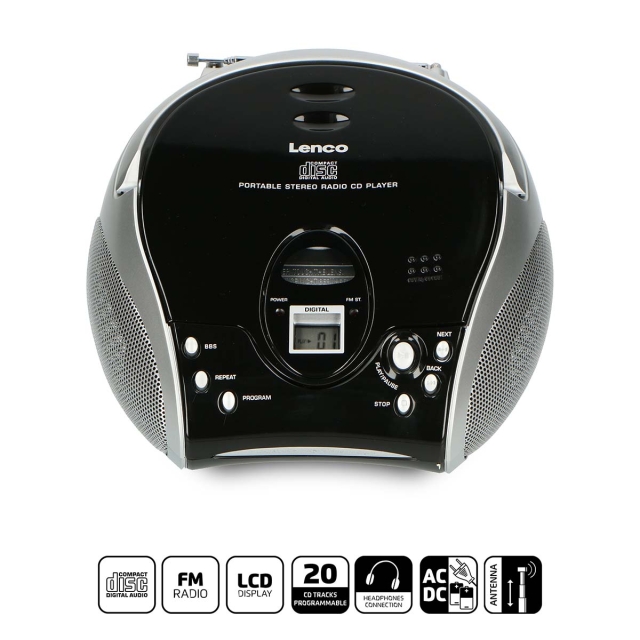 Lenco Kannettava stereo FM-radio CD-soittimella Musta/hopea