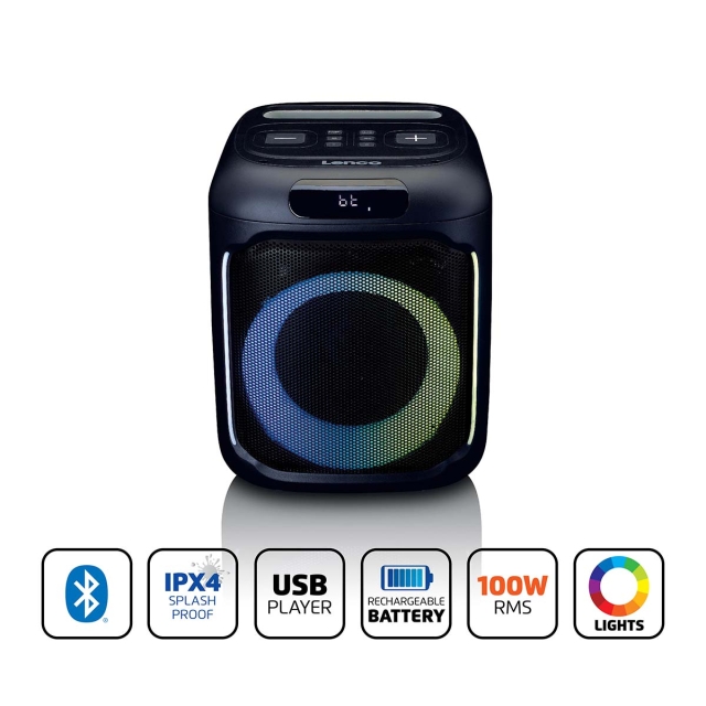 Lenco Pienikokoinen IPX4 Bluetooth® -juhlakaiutin, jossa on langaton mikrofoni