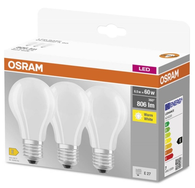 LEDVANCE OSRAM LED BASE standard matto 806lm 6,5W/827 (60W) E27 3-pakki