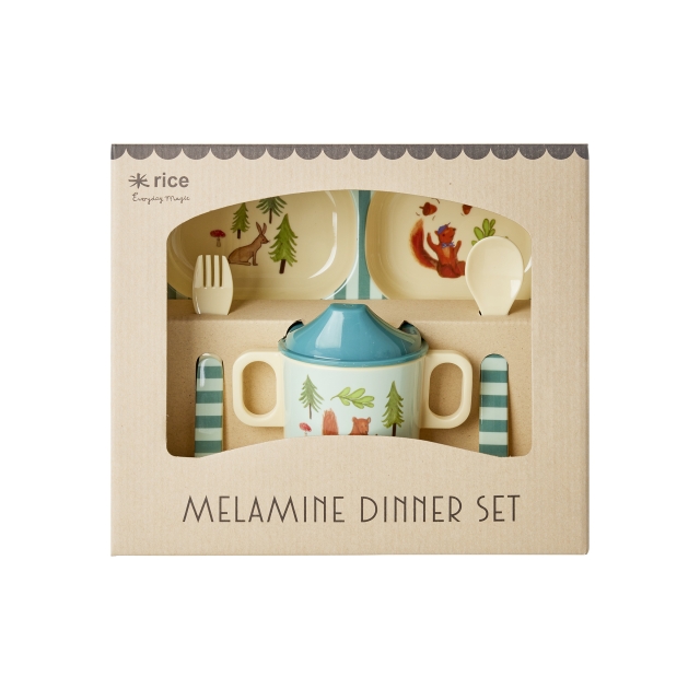 RICE Melamiininen vauvan ruokailusetti - Sininen Happy Forest Print - 4 kpl