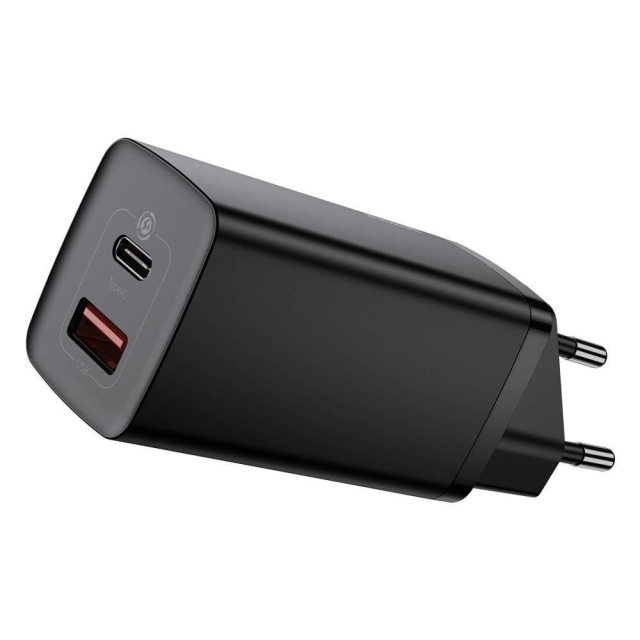 Baseus Dual Port GaN2 Adapter 65Watt 1xUSB-C + 1xUSB-A Musta