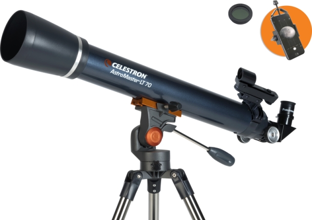 Celestron Astromaster LT 70AZ puhelinsovittimella ja kuunsuodattimella varustettuna