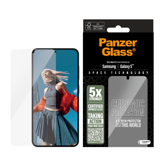 PanzerGlass Keraaminen suojakalvo Samsung Galaxy S25 - erittäin laaja istuvuus