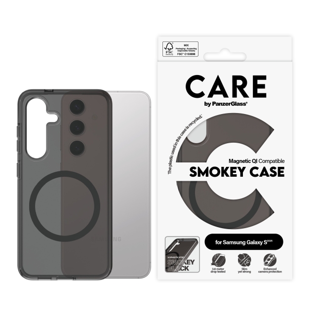 CARE by PanzerGlass - Flagship Case Urban Combat Smokey w. Musta Qi yhteensopiva Samsung Galaxy S25 kanssa
