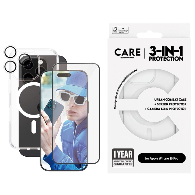 CARE by PanzerGlass - Lippulaiva 3-in-1 -paketti - iPhone 16 Pro