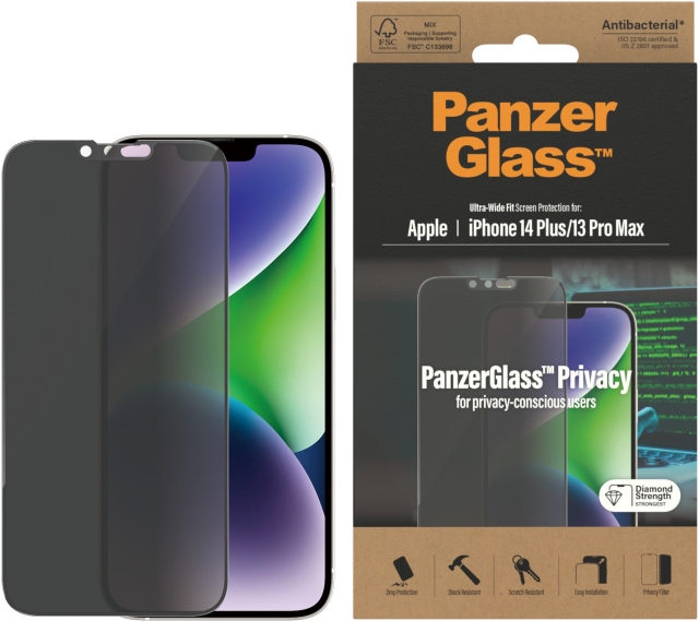 PanzerGlass Privacy -panssarilasi, iPhone 14 Plus / 13 Pro Max, musta kehys