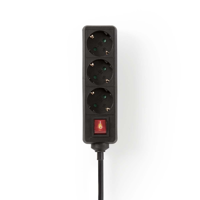 Nedis Jatkojohto | Maadoitettu virtaliitin / Tyyppi F (CEE 7/7) | 3-suuntainen | 1.50 m | 3680 W | 16 A | Maadoituksen tyyppi: Sivukontaktit | 230 V AC 50/60 Hz | Pistokannan kulma: 45 ° | H05VV-F 3G1.5mm² | On/off-kytkin | Musta