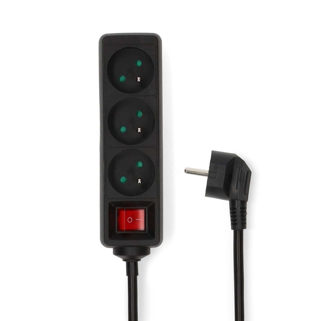 Nedis Jatkojohto | Ranska / Tyyppi E (CEE 7/6) | 3-suuntainen | 5.00 m | 3680 W | 16 A | Maadoituksen tyyppi: Maadoituspinni | 230 V AC 50/60 Hz | Pistokannan kulma: 45 ° | H05VV-F 3G1.5mm² | On/off-kytkin | Musta