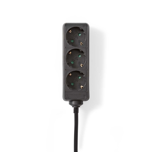 Nedis Jatkojohto | Maadoitettu virtaliitin / Tyyppi F (CEE 7/7) | 3-suuntainen | 5.00 m | 3680 W | 16 A | Maadoituksen tyyppi: Sivukontaktit | 230 V AC 50/60 Hz | Pistokannan kulma: 45 ° | H05VV-F 3G1.5mm² | Musta
