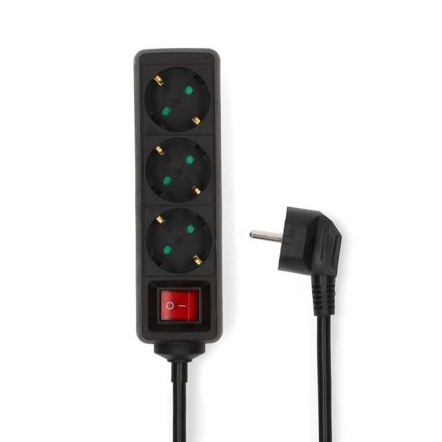 Nedis Jatkojohto | Maadoitettu virtaliitin / Tyyppi F (CEE 7/7) | 3-suuntainen | 5.00 m | 3680 W | 16 A | Maadoituksen tyyppi: Sivukontaktit | 230 V AC 50/60 Hz | Pistokannan kulma: 45 ° | H05VV-F 3G1.5mm² | On/off-kytkin | Musta