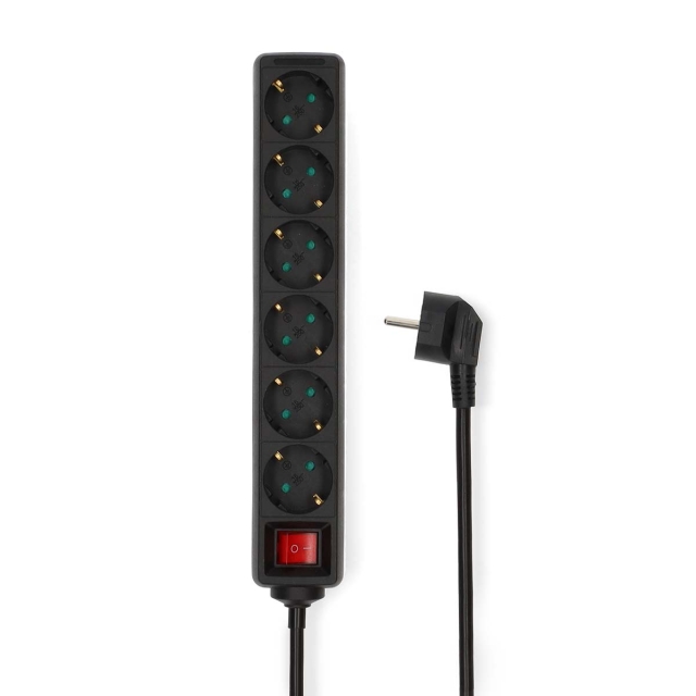 Nedis Jatkojohto | Maadoitettu virtaliitin / Tyyppi F (CEE 7/7) | 6-suuntainen | 1.50 m | 3680 W | 16 A | Maadoituksen tyyppi: Sivukontaktit | 230 V AC 50/60 Hz | Pistokannan kulma: 45 ° | H05VV-F 3G1.5mm² | On/off-kytkin | Musta
