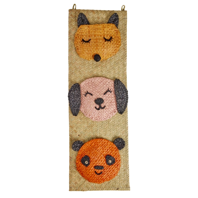 RICE Raffiasta valmistettu seinäkiinnike, jossa on eläimen kasvotaskut - 60 cm x 20 cm