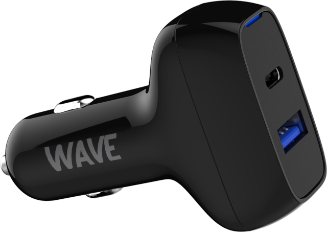 Wave Autolaturi, 1 x USB Type-C + 1 x USB-A 18W+18W, Musta
