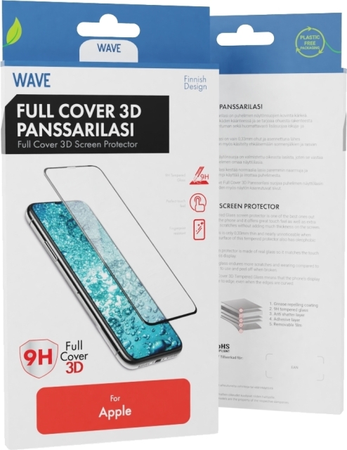 Wave Full Cover -panssarilasi, iPhone 12 mini, musta kehys