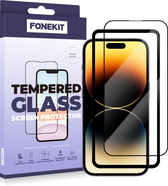 FoneKit Full Cover -panssarilasi, iPhone 14 Pro, musta