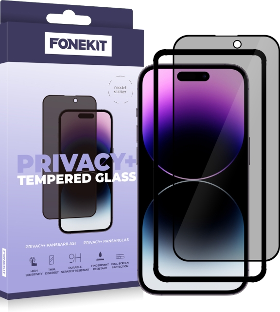 FoneKit Privacy+ Full Cover -panssarilasi, iPhone 14 Pro Max, musta
