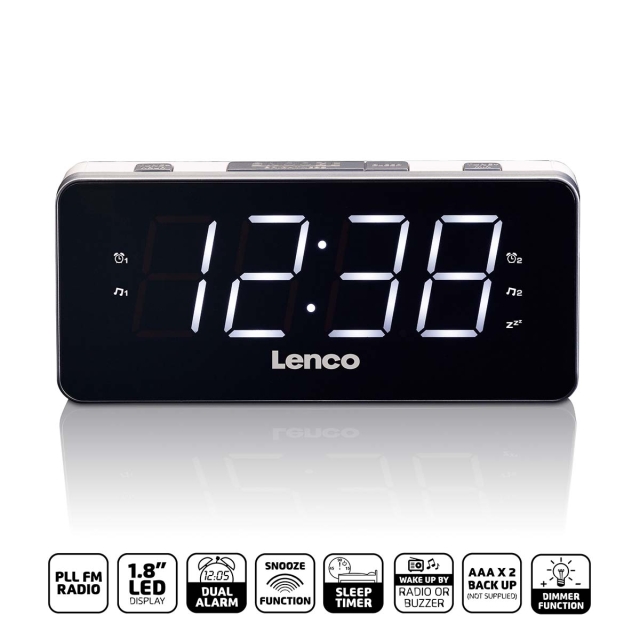 Lenco PLL FM Herätyskello Radio suuri ja selkeä 1.8" LED-näyttö Valkoinen