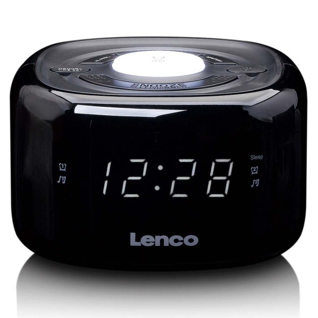 Lenco FM-kelloradio, jossa on yövalo Musta