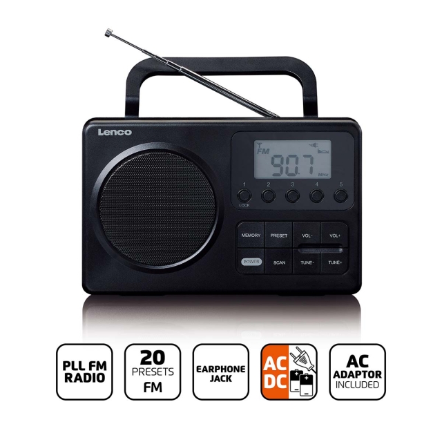 Lenco MPR-035BK Kompakti kannettava FM-radio LCD-näytöllä Musta