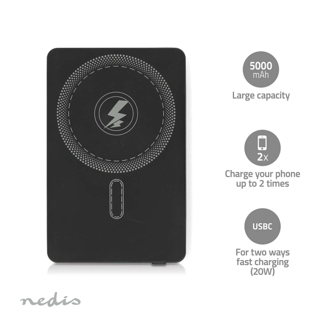 Nedis Virtapankki | 5000 mAh | Langaton lataus | 1.67 / 2.22 / 3.0 A | Lähtöliitäntöjen määrä: 1 | Lähtöliitäntä: 1x USB-C™ | Sisääntulon liitäntä: 1x USB-C™ | PD3.0 20W | Litium-Polymeeri