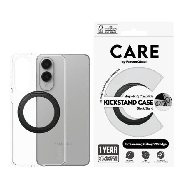 Panzer CARE by PanzerGlass - Feature Case läpinäkyvä m. Lajittele Kickstand & Qi yhteensopiva Samsung S25 Edge