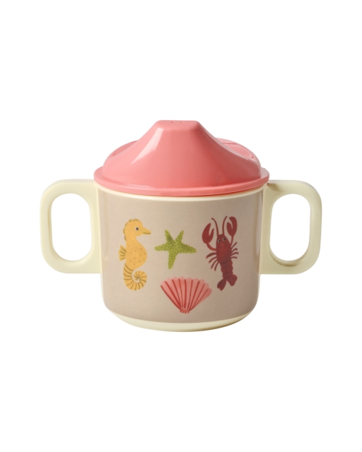 RICE Melamiininen 2-kahvainen vauvakuppi kannella - Coral Ocean Print - 250 ml