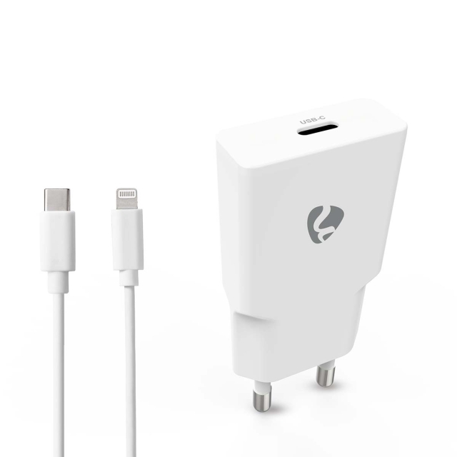 Nedis Seinälaturi | 20 W | GaN | PD3.0 | Pikalataus-toiminto | 1.67 A / 2.22 A / 3.0 A | Lähtöliitäntöjen määrä: 1 | USB-C™ | Lightning 8-Pin (irrallinen) Kaapeli | 1.00 m | Automaattinen Jännitteen Valinta | Valkoinen