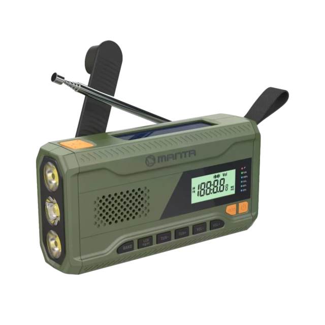 Manta Portable Emergency crank FM Radio, Solar Power Bank, Flashlight
