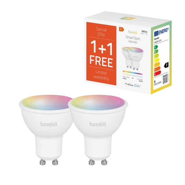 Hombli Smart Spot 5W RGB & CCT (GU10) V2, tarjouspaketti, kampanjapakkaus