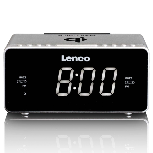 Lenco Stereo FM Clock Radio USB ja Qi langaton älypuhelimen lataus Silver