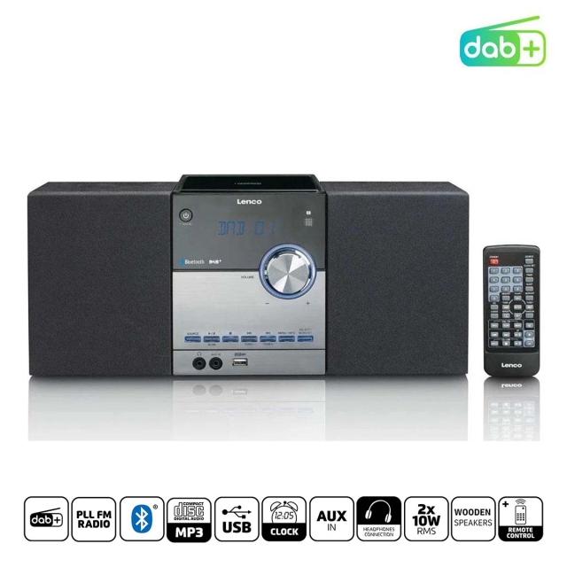 Lenco Micro-setti, jossa on DAB+/FM/CD/Bluetooth® ja USB-soitin - Musta