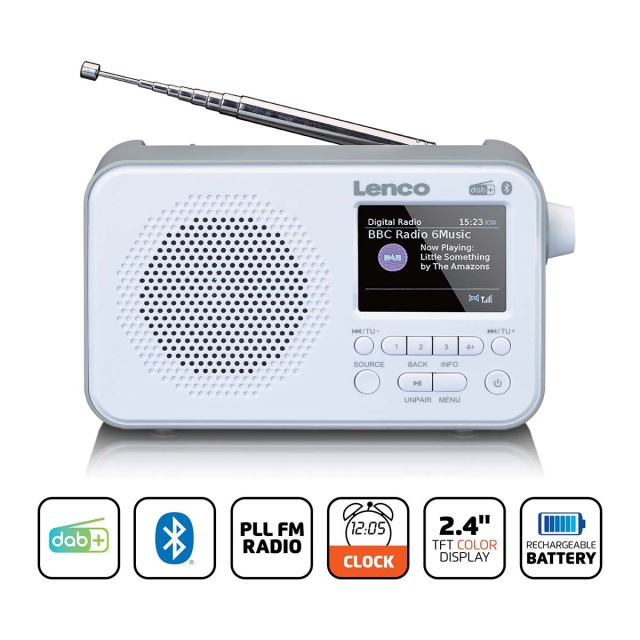 Lenco Kannettava DAB+ FM-radio Bluetooth®:lla 2,4" TFT-näyttö Valkoinen