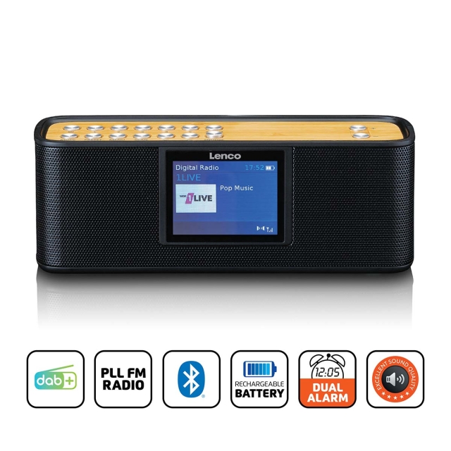 Lenco DAB/FM 2,4" värinäytöllä Bluetooth® ladattava akku Musta