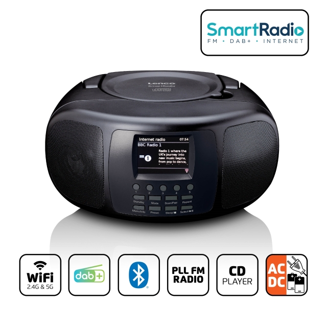 Lenco Kannettava internet-radio, jossa on DAB+/FM, Bluetooth®, CD-soitin ja suuri LCD-värinäyttö Musta