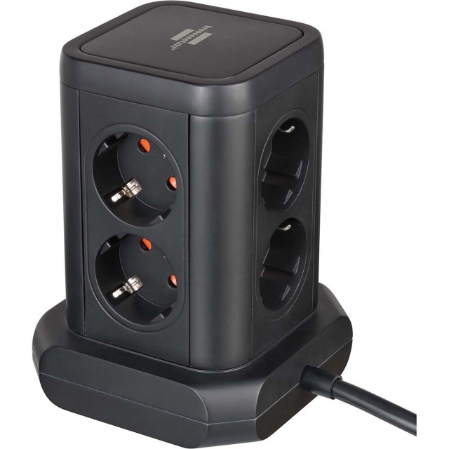 Brennenstuhl Power strip -torni, jossa on 8 power strippiä 45°-kokoonpanossa (2x USB A & 1x USB C Power Delivery, 2 m kaapelilla, kaksinapaisella kytkimellä)