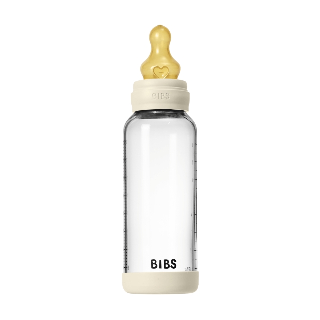 BIBS Lasinen vauvanpullo, pyöreä, lateksi, keskivahva virtaus – norsunluunvärinen – 240 ml