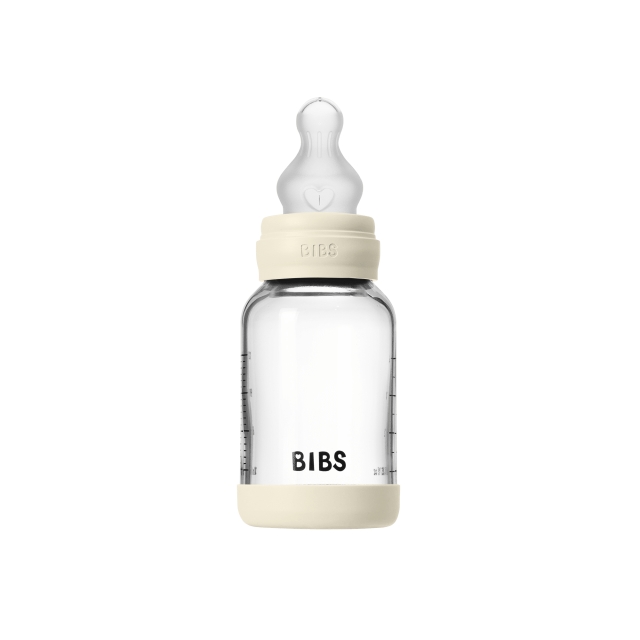 BIBS Lasinen vauvanpullo, pyöreä, silikoni, 1 kpl, 120 ml, hidas virtaus – Norsunluunvärinen – 120 ml