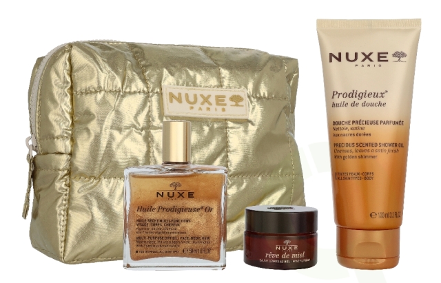 Nuxe My Beauty Essentials Set 165 ml Huile Prodigieuse Or 50ml/Nuxe Prodigieux Precious Scented Shower Gel 100ml/Reve De Miel Lip Balm 15gr/Pouch