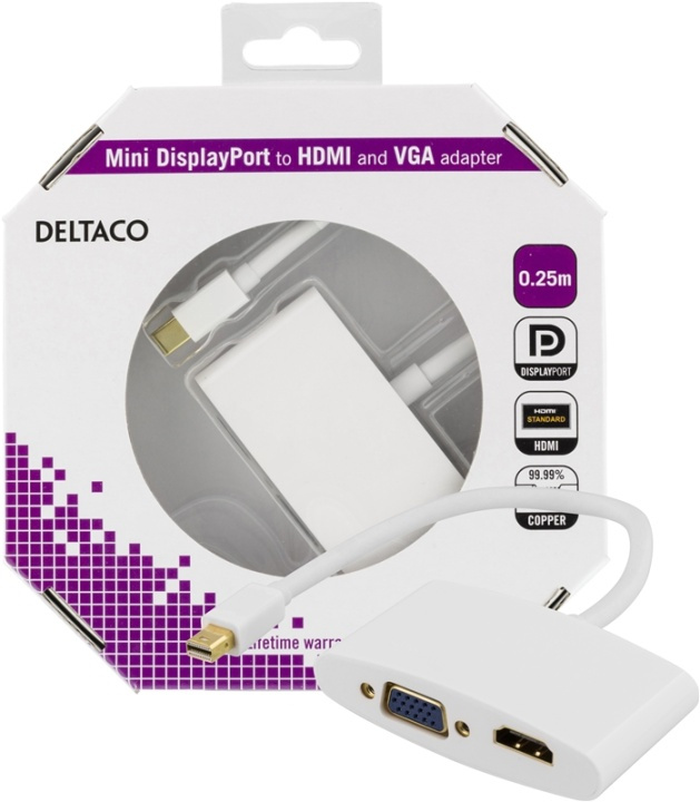 DELTACO sovitin Mini DisplayPort - HDMI ja VGA, 0,25m, valkoinen ryhmässä KODINELEKTRONIIKKA / Kaapelit & Sovittimet / HDMI / Sovittimet @ TP E-commerce Nordic AB (38-16843)