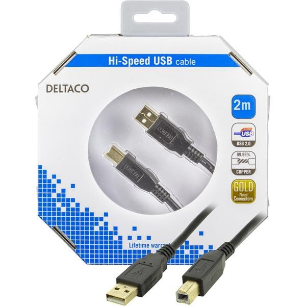 DELTACO, USB 2.0 kabel Typ A hane - Typ B hane 2m, svart (USB-218S-K) ryhmässä TIETOKOONET & TARVIKKEET / Kaapelit & Sovittimet / USB / USB-A @ TP E-commerce Nordic AB (38-18147)