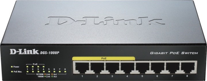 D-Link 8-porttinen kytkin, 10/100/1000, 4xPoE, pöytämalli, musta ryhmässä TIETOKOONET & TARVIKKEET / Verkko / Kytkimet @ TP E-commerce Nordic AB (38-18449)