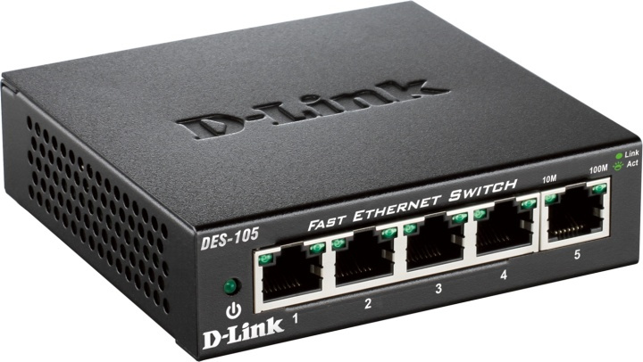 D-Link Gigabit Ethernet kytkin (DES-105), 5x10/100Mbps, metallia ryhmässä TIETOKOONET & TARVIKKEET / Verkko / Kytkimet / 10/100Mbps @ TP E-commerce Nordic AB (38-18480)