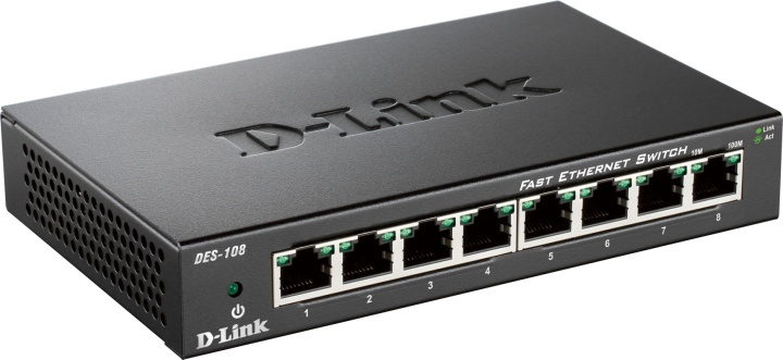 D-Link Gigabit Ethernet kytkin 8x10/100Mbps, metallia, musta ryhmässä TIETOKOONET & TARVIKKEET / Verkko / Kytkimet / 10/100Mbps @ TP E-commerce Nordic AB (38-18483)