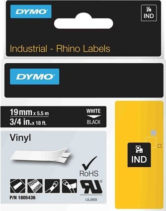 DYMO RhinoPRO 19mm vinyyli, valkoinen mustalla, 5.5m rulla ryhmässä TIETOKOONET & TARVIKKEET / Tulostimet & Tarvikkeet / Tulostimet / Tarratulostimet & Tarvikkeet / Teippi @ TP E-commerce Nordic AB (38-18641)