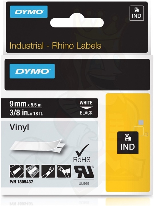 DYMO RhinoPRO 9mm vinyltejp, vit på svart, 5.5m rulle ryhmässä TIETOKOONET & TARVIKKEET / Tulostimet & Tarvikkeet / Tulostimet / Tarratulostimet & Tarvikkeet / Teippi @ TP E-commerce Nordic AB (38-18643)