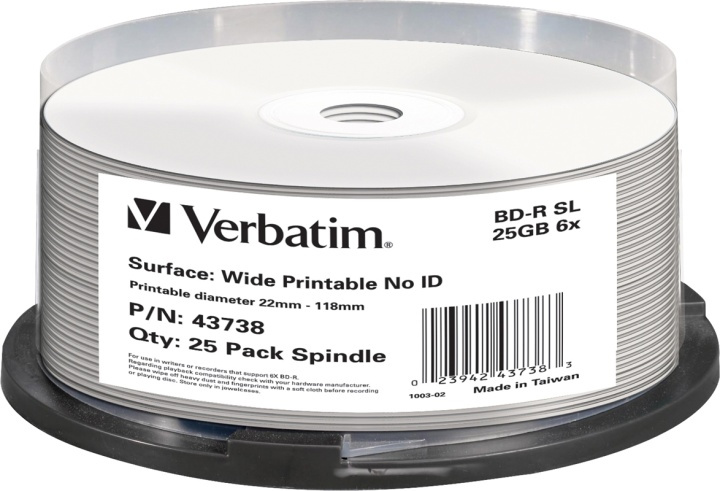 Verbatim BD-R, 6x, 25GB/200min, 25pack spindel, print, Hard Coat, MABL ryhmässä KODINELEKTRONIIKKA / Tallennusvälineet / CD/DVD/BD-levyt / Blu-Ray @ TP E-commerce Nordic AB (38-23605)