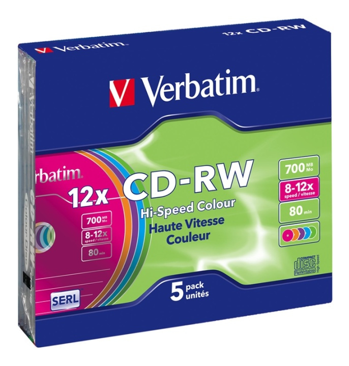 Verbatim CD-RW,12x,700 MB/80 min,5-pakkaus slim case,SERL, eri värit ryhmässä KODINELEKTRONIIKKA / Tallennusvälineet / CD/DVD/BD-levyt / CD-RW @ TP E-commerce Nordic AB (38-23642)