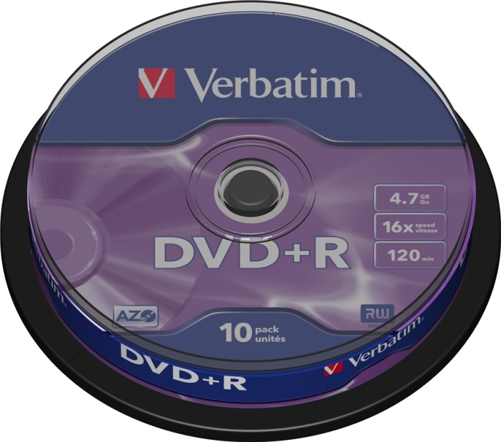 Verbatim DVD+R, 16x, 4,7 GB/120 min, 10-pakkaus, spindle, AZO ryhmässä KODINELEKTRONIIKKA / Tallennusvälineet / CD/DVD/BD-levyt / DVD+R @ TP E-commerce Nordic AB (38-23656)