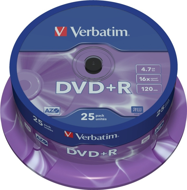 Verbatim DVD+R, 16x, 4,7 GB/120 min, 25-pakkaus spindle, AZO ryhmässä KODINELEKTRONIIKKA / Tallennusvälineet / CD/DVD/BD-levyt / DVD+R @ TP E-commerce Nordic AB (38-23657)