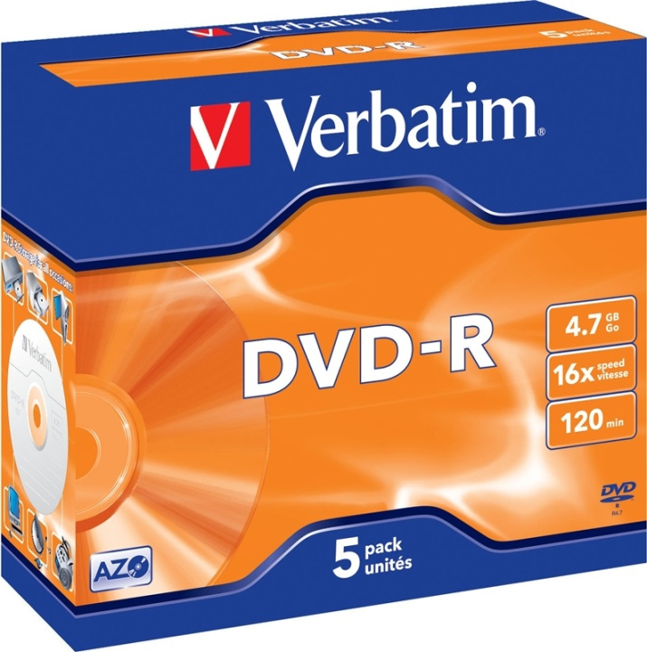 Verbatim DVD-R, 16x, 4,7 GB/120 min, 5-pakkaus jewel case, AZO ryhmässä KODINELEKTRONIIKKA / Tallennusvälineet / CD/DVD/BD-levyt / DVD-R @ TP E-commerce Nordic AB (38-23685)